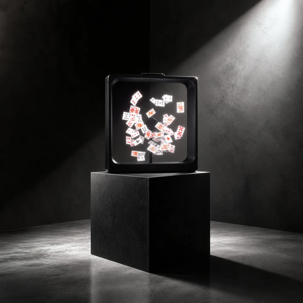 The suitcase on a black plinth in a darkened room: a deck of playing cards scatters as a hologram inside the frame.