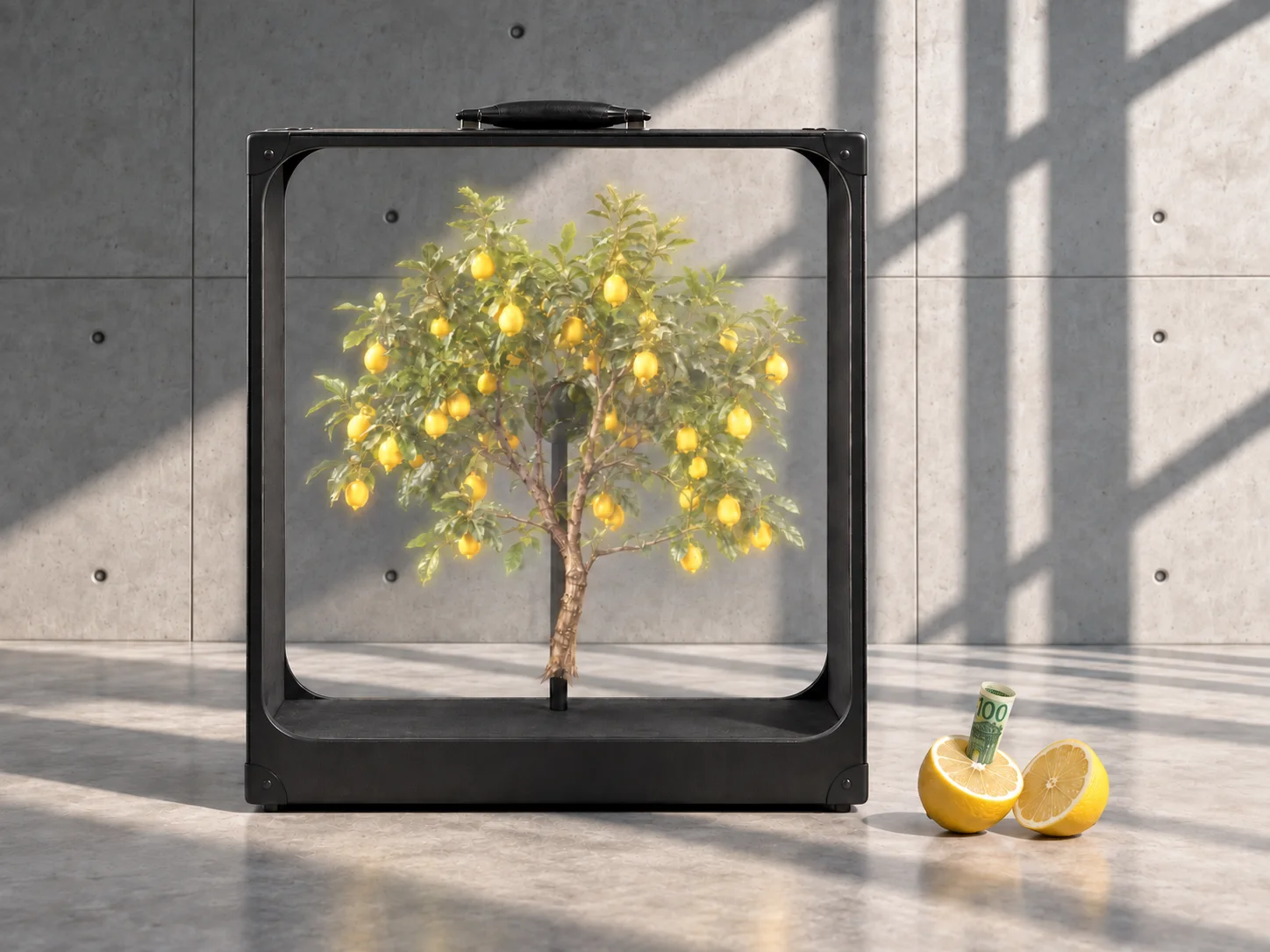 The suitcase on a concrete floor, frame open: a holographic lemon tree grows inside it, a 100-euro note rolled into a cut lemon beside it.