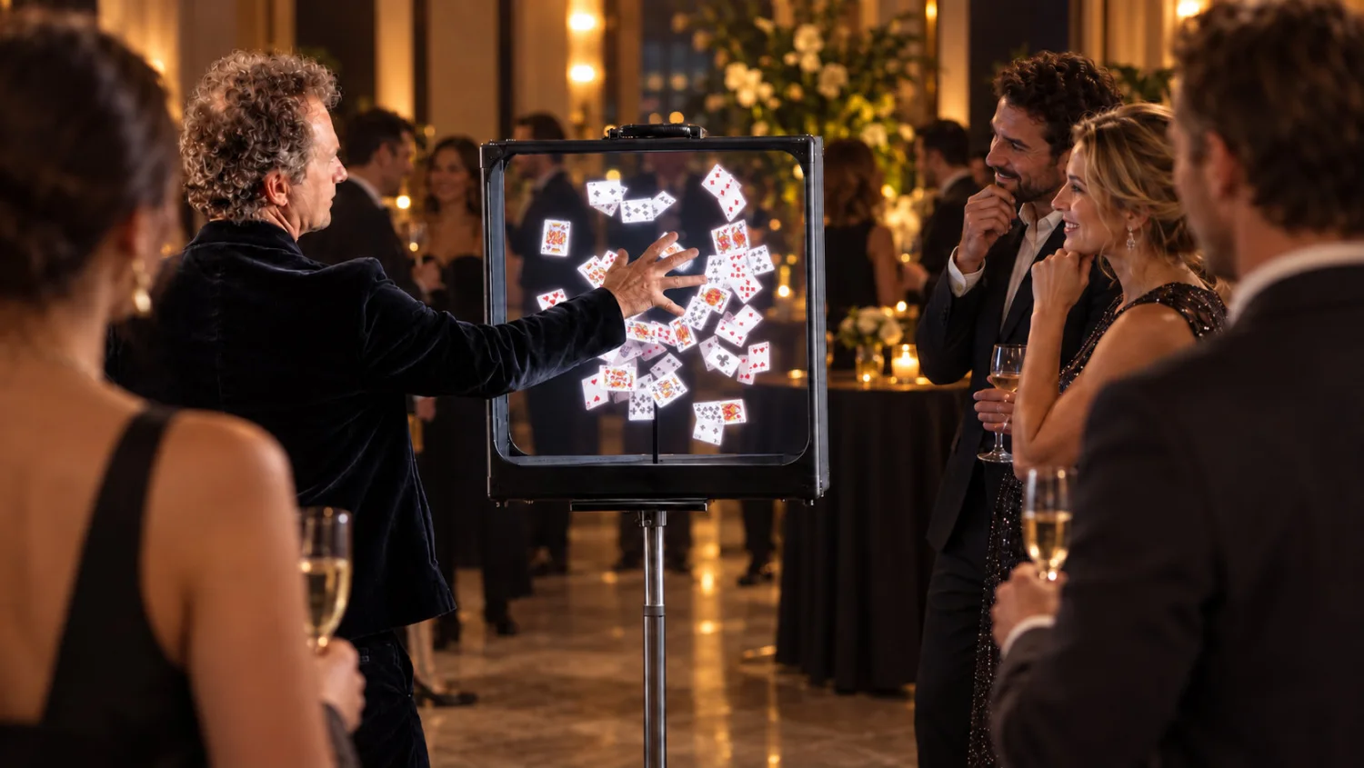 A cocktail party in a gilded room: Romain Lalire, hand reaching towards the suitcase on its stand, sends a flurry of playing cards swirling inside the frame, in front of guests holding champagne glasses.