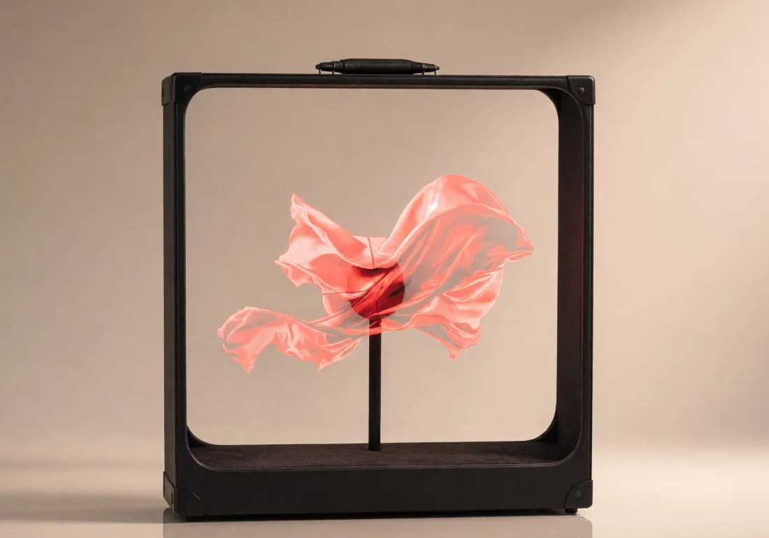 La valise vue de face sur fond crème, cadre ouvert : un voile de soie rouge flotte à l&rsquo;intérieur.